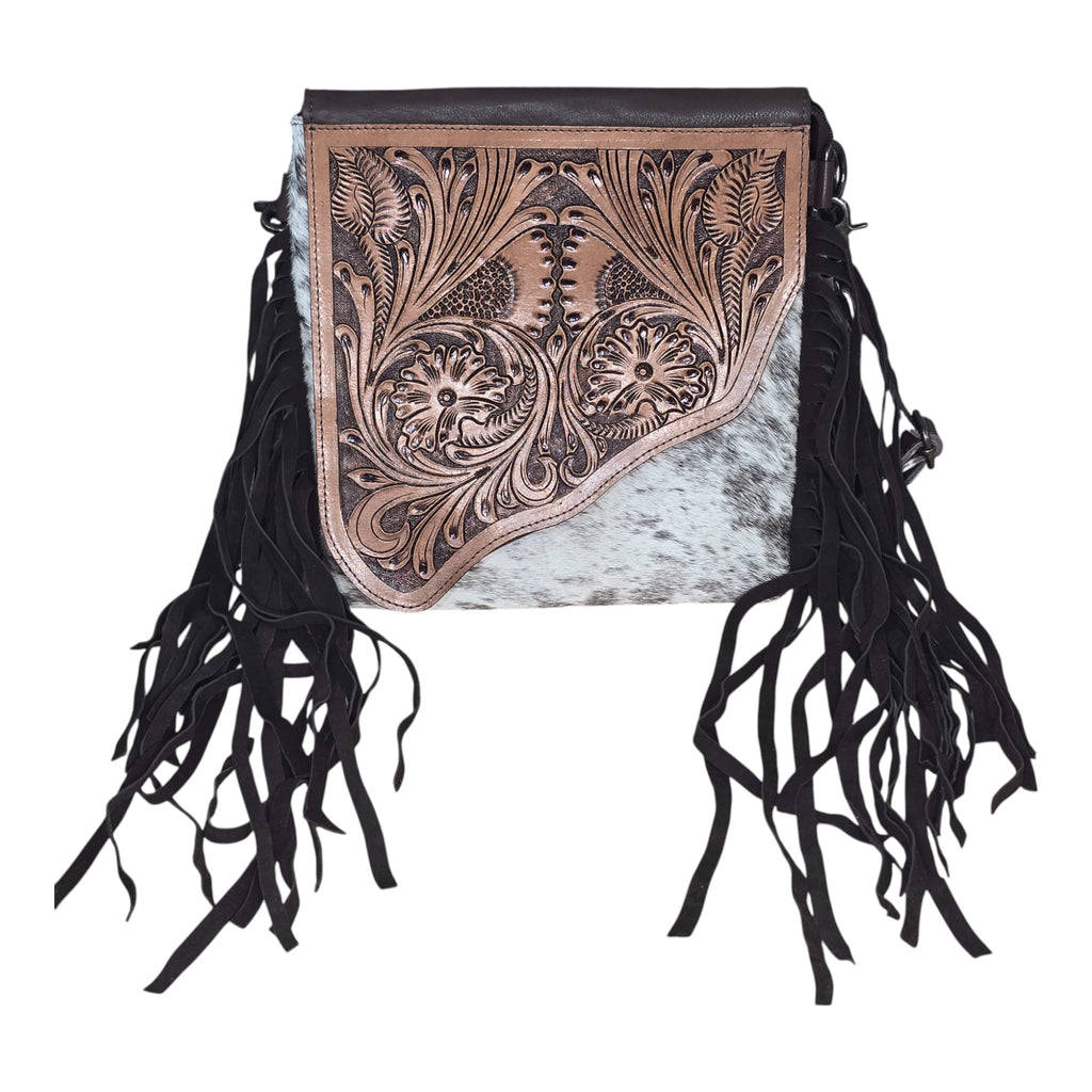 Montana Twist Genuine Leather Hair-on Handbag w/ Tooled Leather Flap - Coffee