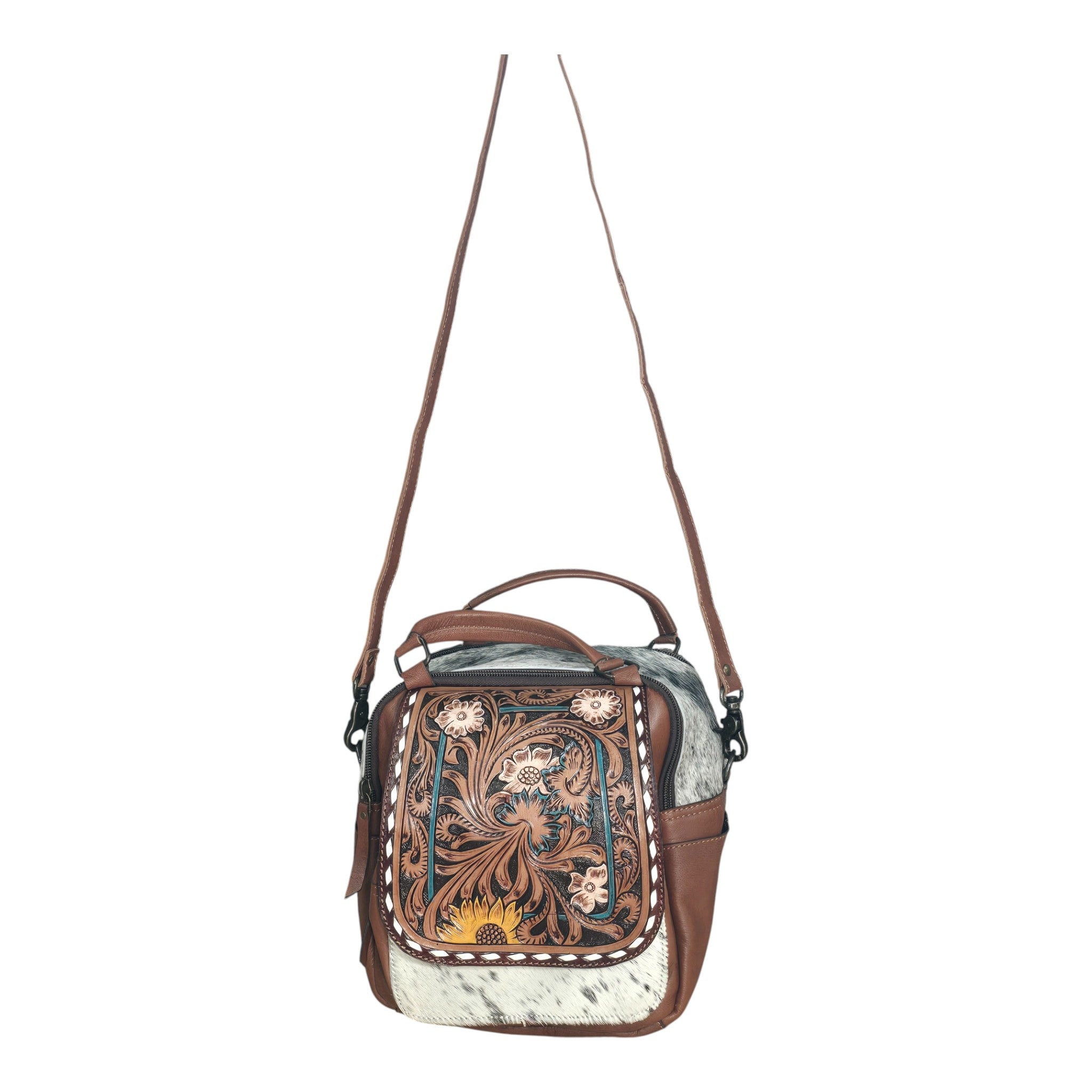 Montana Twist Genuine Leather Handbag w/ Decorative Tooled Flap