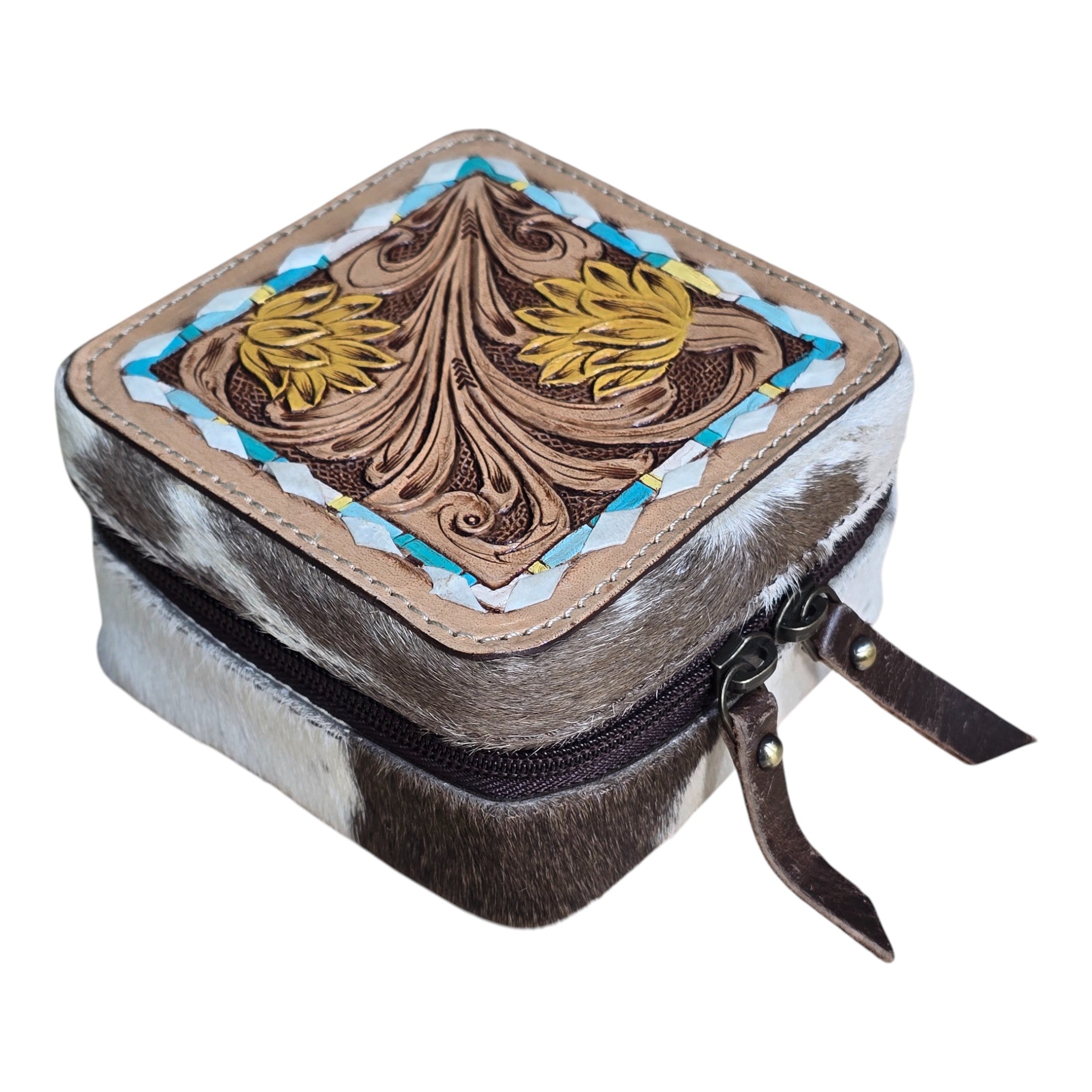 Montana Twist Genuine Leather Embossed Jewelry Case - Yellow Flower