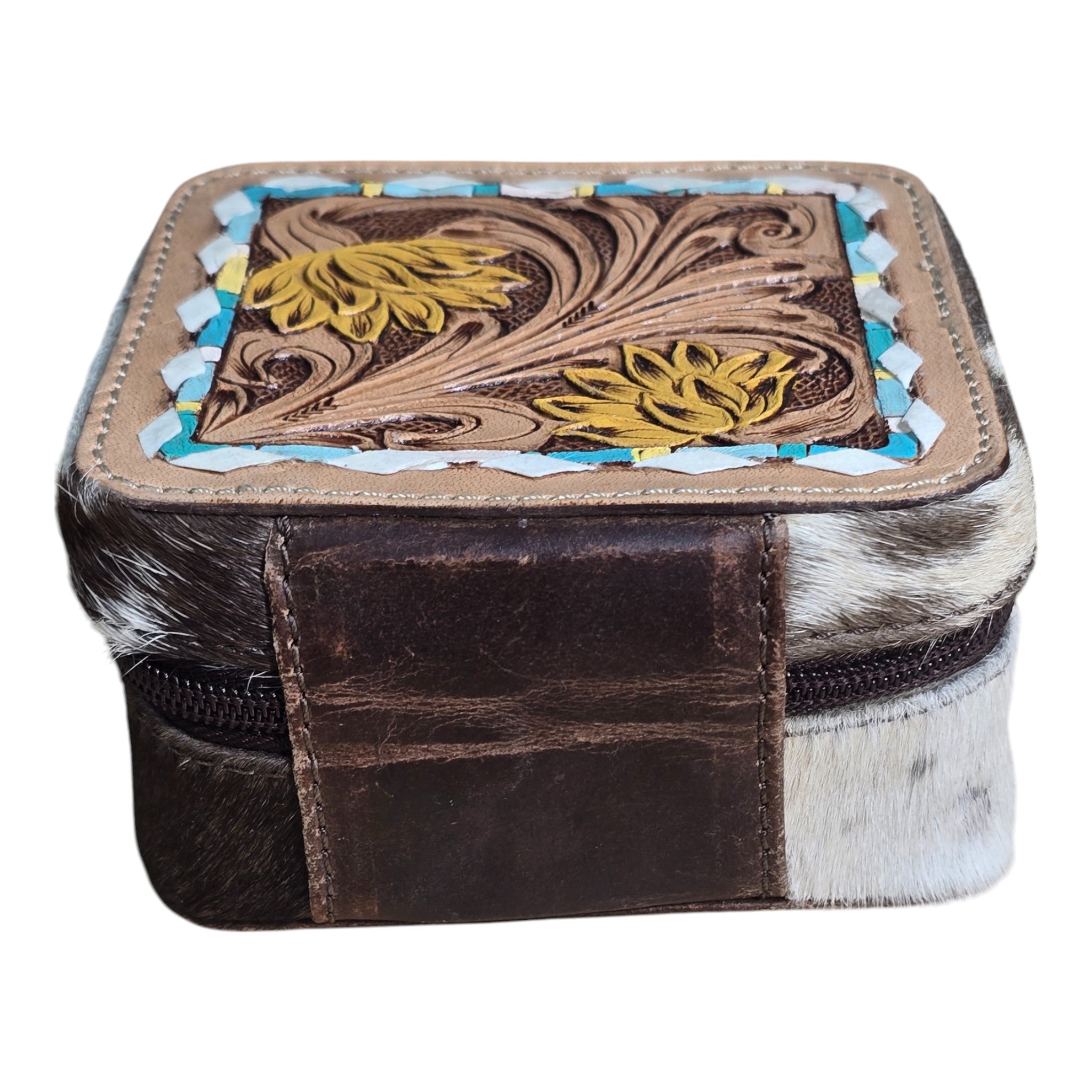 Montana Twist Genuine Leather Embossed Jewelry Case - Yellow Flower