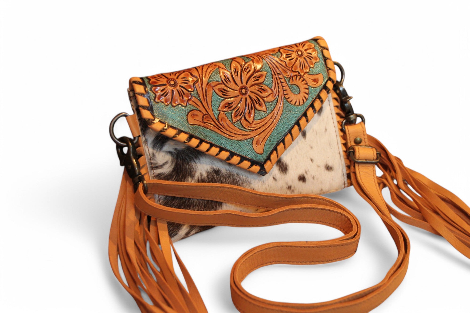 Montana Twist Genuine Leather Cowhide Envelope Bag w/ Side Fringe - Turquoise