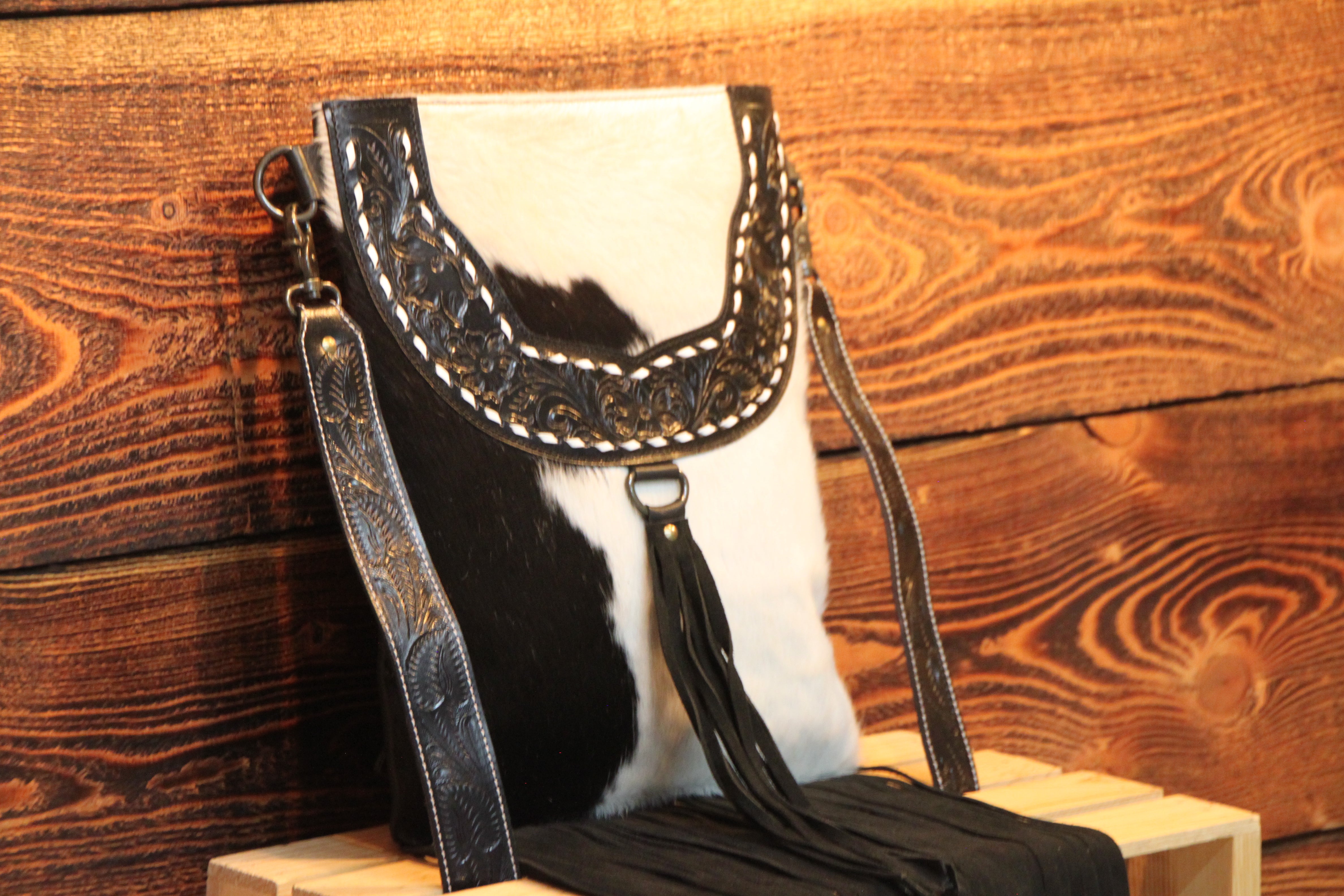 Montana Twist Genuine Leather Cowhide Flap Handbag w/ Tassels