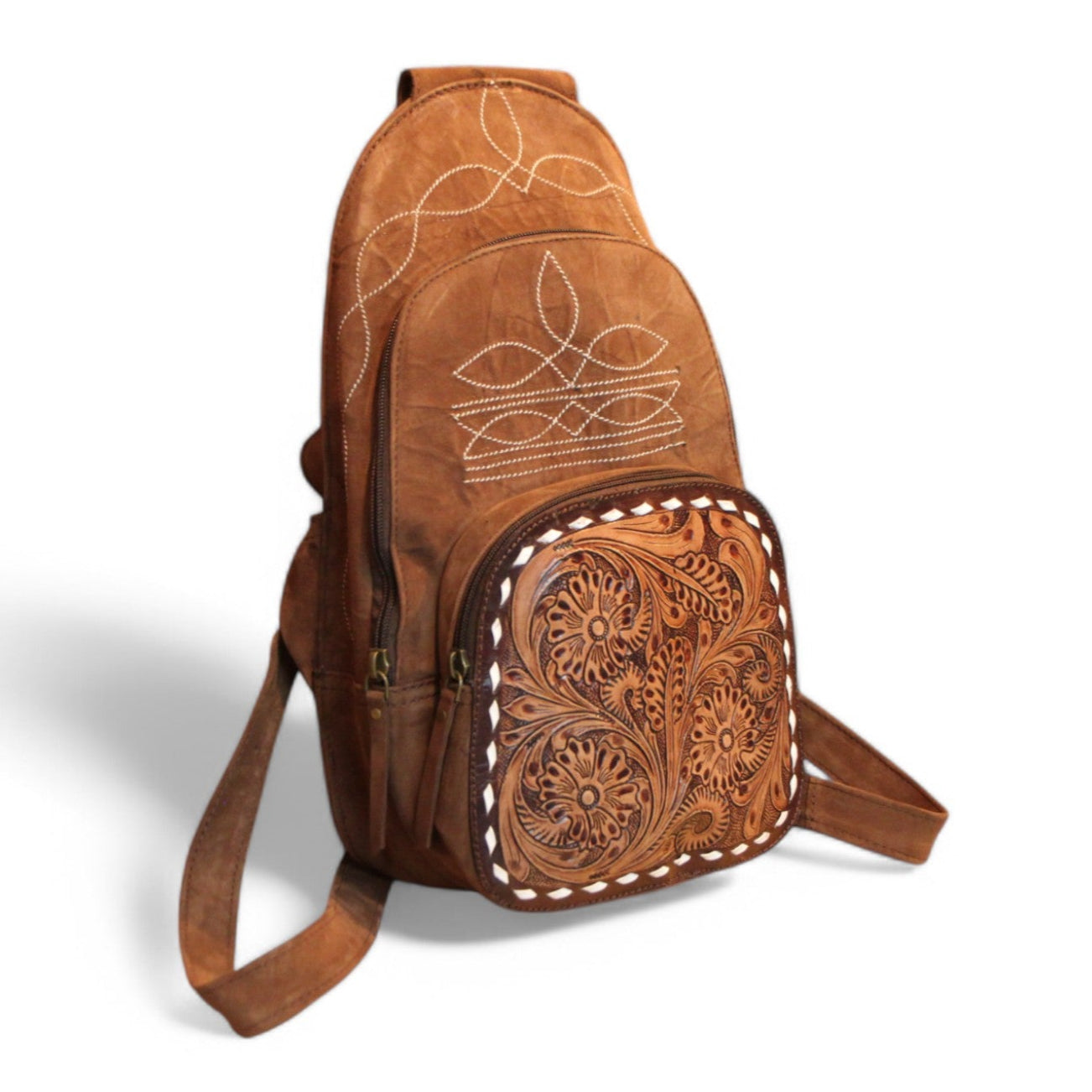 Montana Twist Genuine Leather Boot Stitch Small Backpack - Saddle Brown