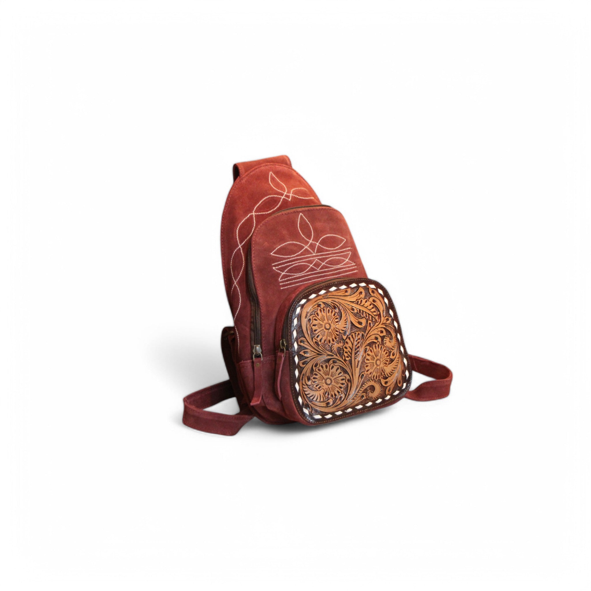 Montana Twist Genuine Leather Boot Stitch Small Backpack - Burgundy