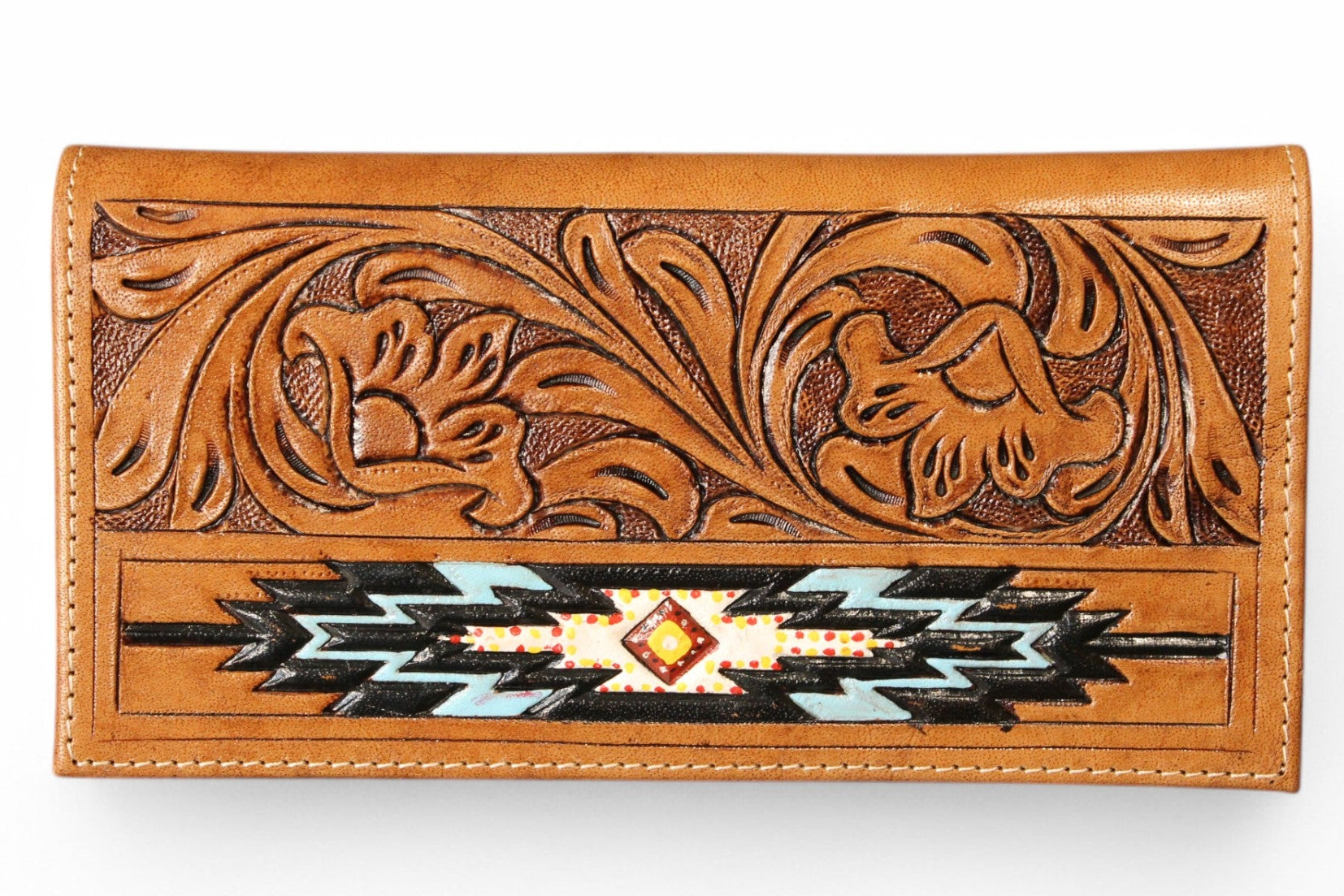 Montana Twist Genuine Leather Tooled Wallet - Painted Aztec