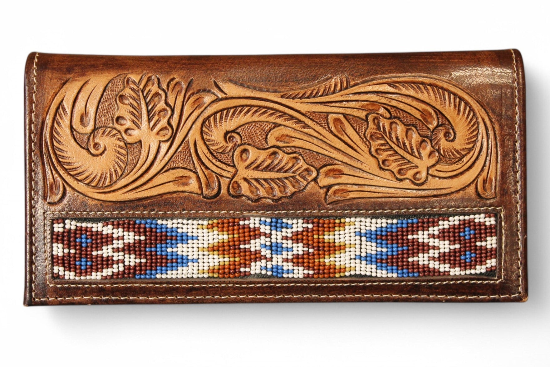 Montana Twist Genuine Leather Tooled Wallet w/ Beaded Aztec Design