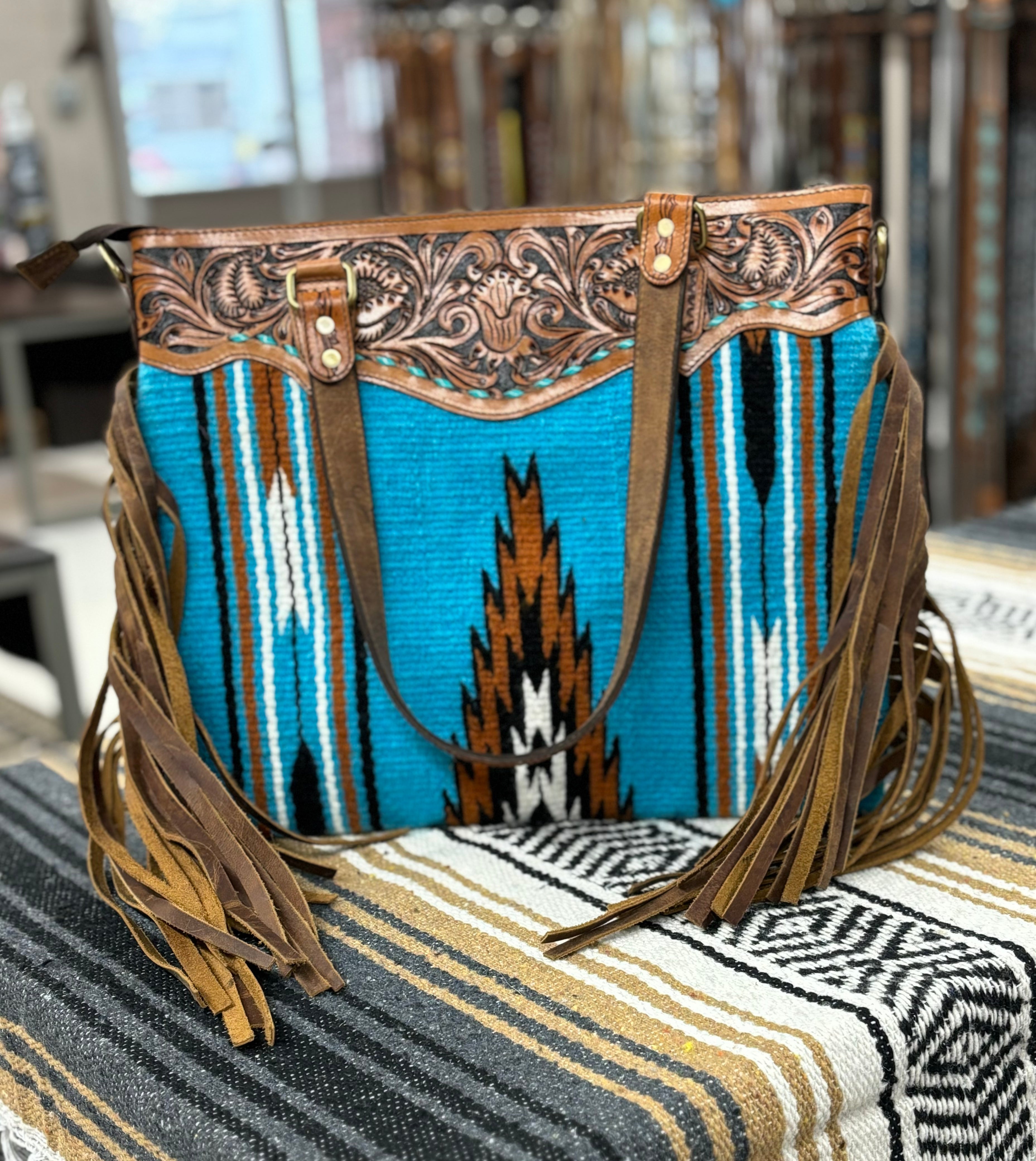 Montana Twist Genuine Leather Blue Saddle Blanket Handbag