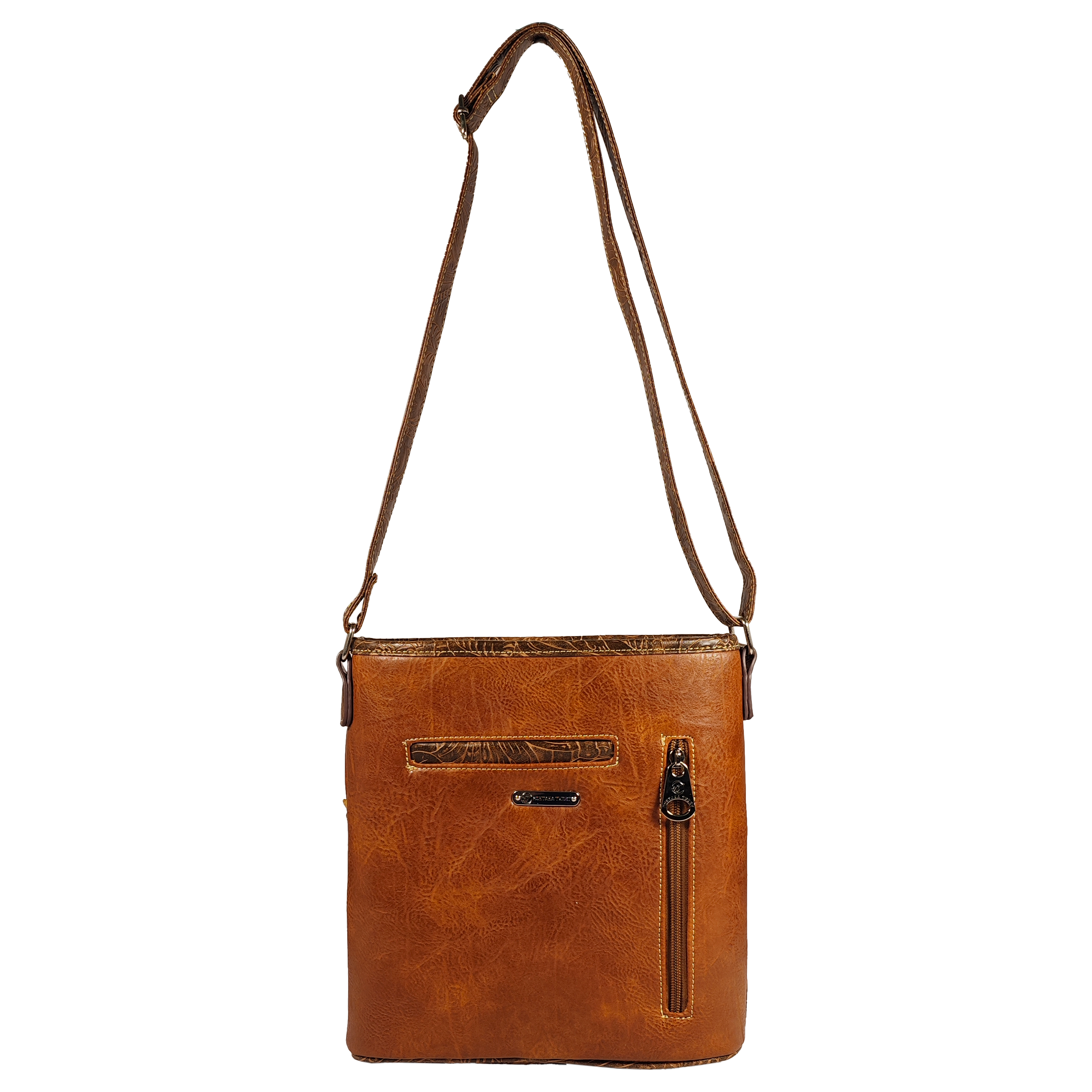 Montana Twist Concealed Carry VIntage Brown PU Tooled Leather Messenger Handbag