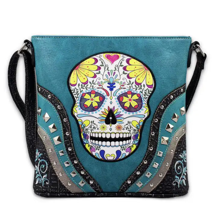 Montana Twist Concealed Carry Turquoise Skull PU Leather Messenger Handbag