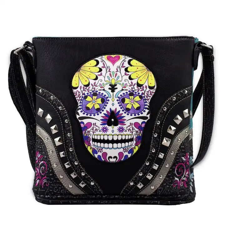 Montana Twist Concealed Carry Black Skull PU Leather Messenger Handbag