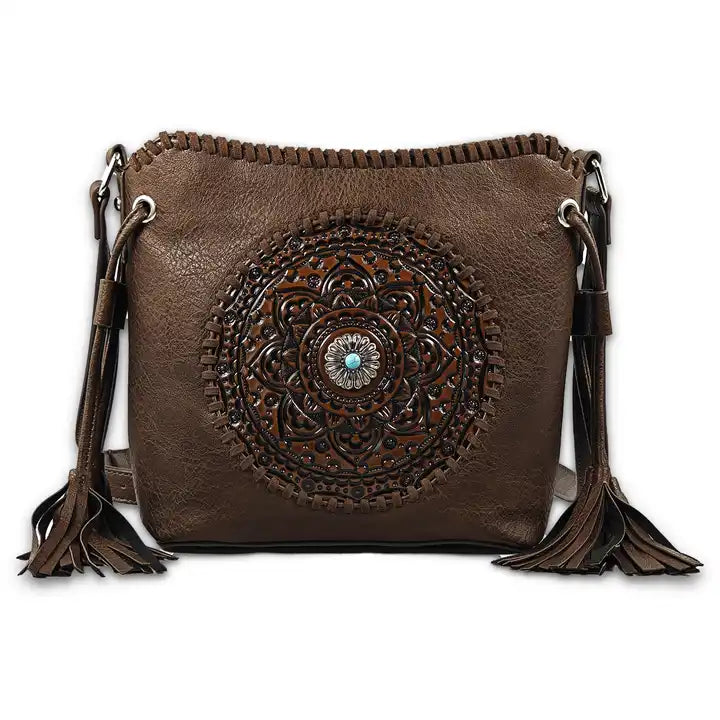 Montana Twist Mandala Tooled PU Leather Crossbody Handbag - Coffee