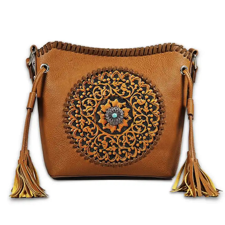 Montana Twist Mandala Tooled PU Leather Crossbody Handbag - Saddle Brown