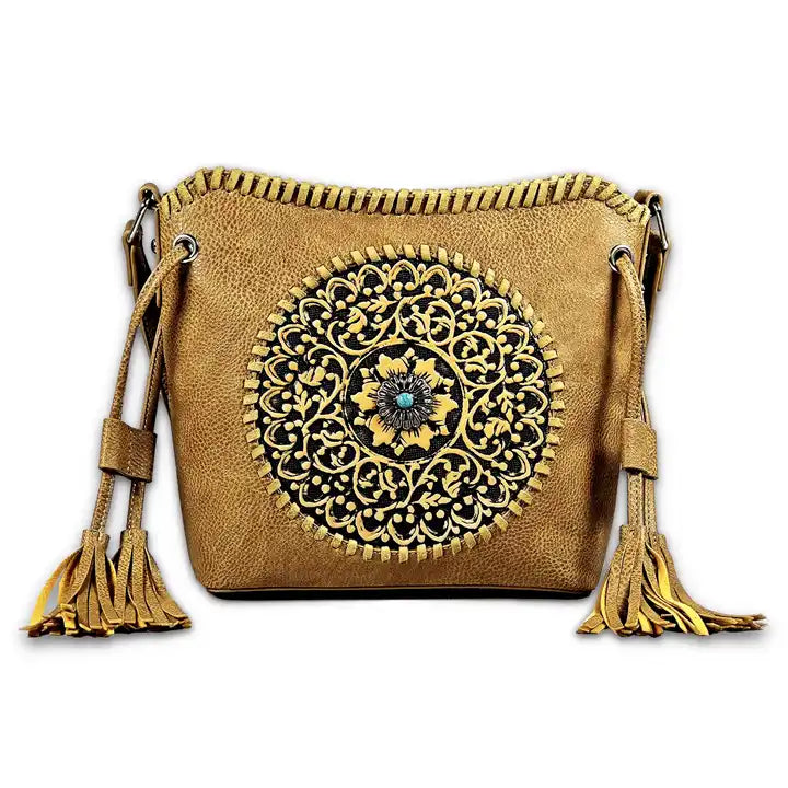Montana Twist Mandala Tooled PU Leather Crossbody Handbag - Beige