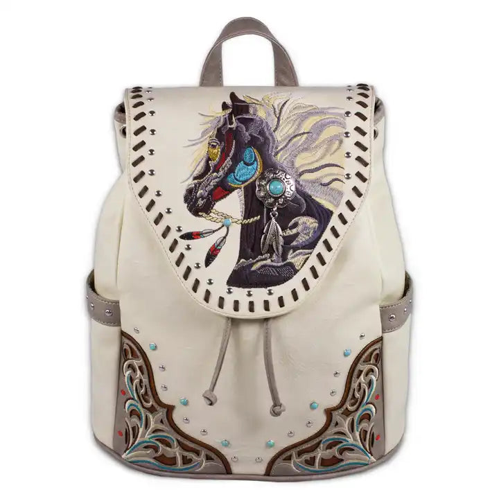 Montana Twist Concealed Carry PU Leather Embroidered Horse Backpack - Vintage Beige