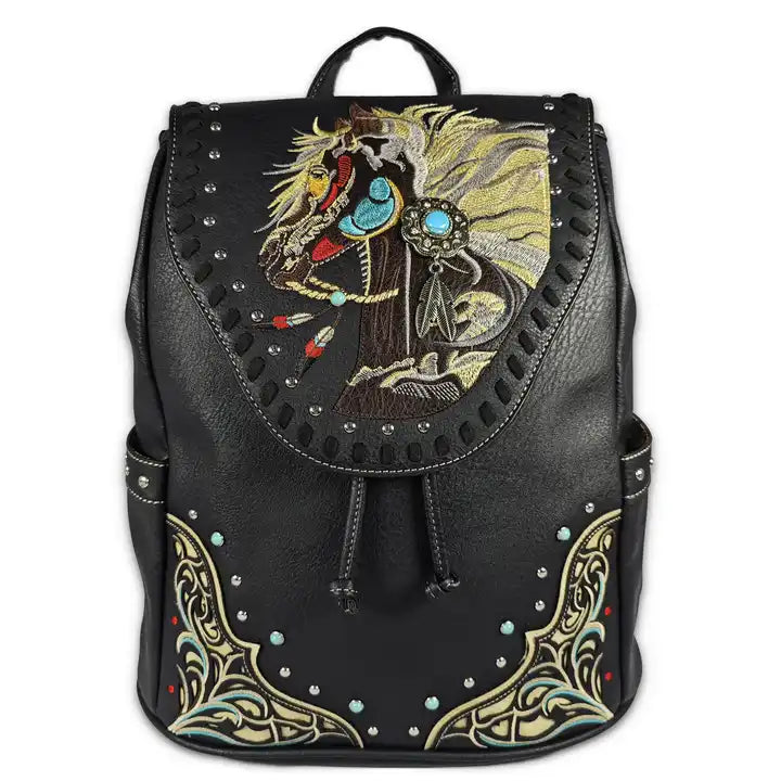 Montana Twist Concealed Carry PU Leather Embroidered Horse Backpack - Black