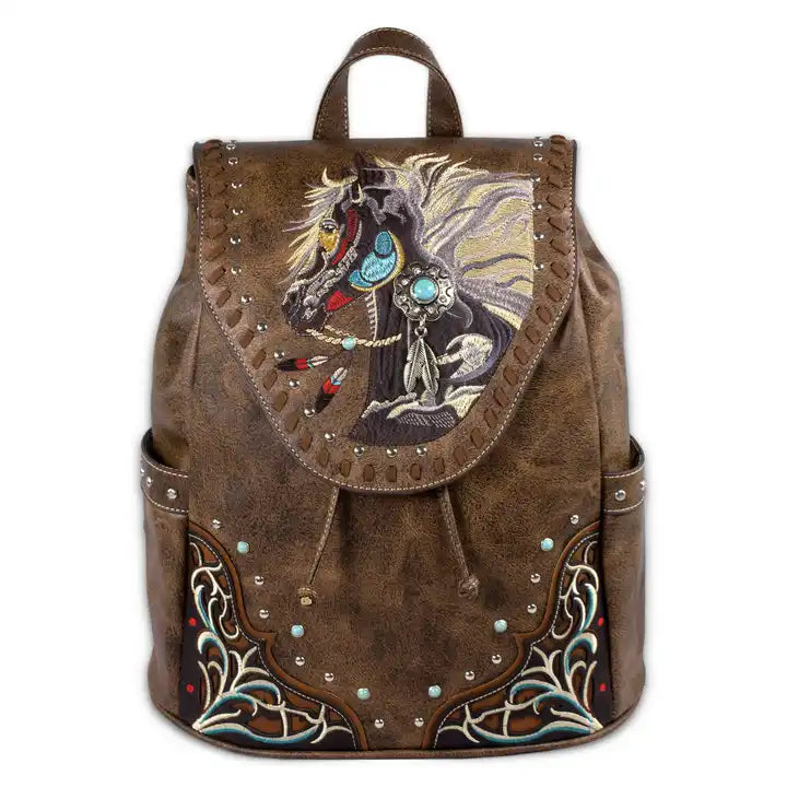 Montana Twist Concealed Carry PU Leather Embroidered Horse Backpack - Vintage Brown