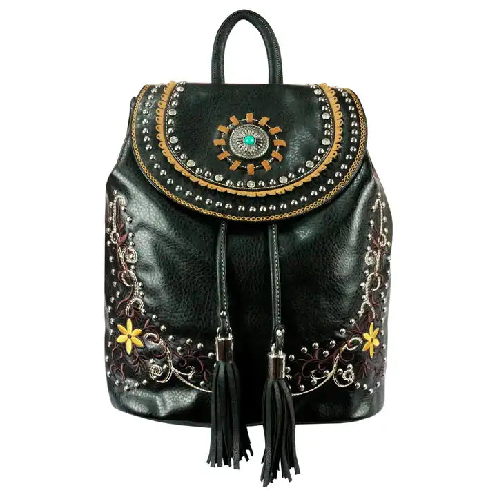 Montana Twist Concealed Carry PU Leather Embroidered Flower Backpack - Black