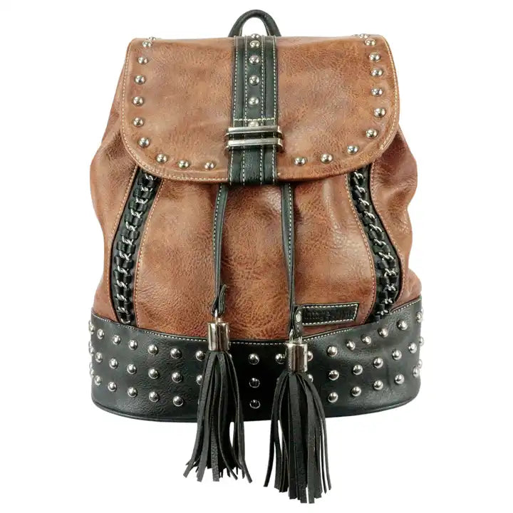 Montana Twist Concealed Carry PU Leather Studded Backpack - Vintage Brown