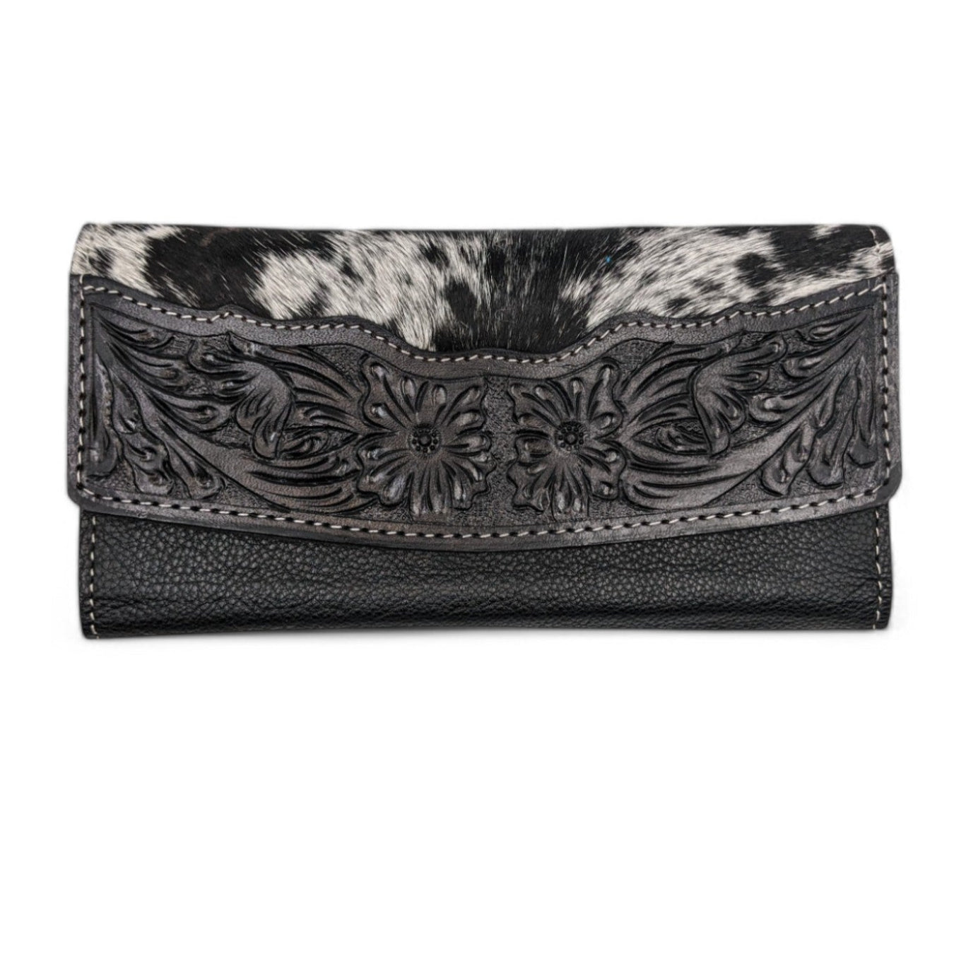Montana Twist Genuine Leather Tooled Trifold Wallet - Black