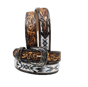 Montana Twist Genuine Leather Belt - Trail Markings Leather and Beaded Belt